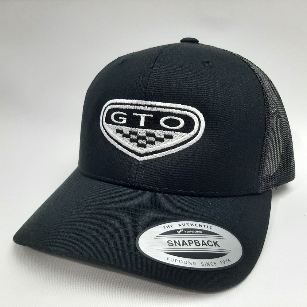 Pontiac GTO Embroidered Curved Bill Mesh Snapback Hat Black Trucker